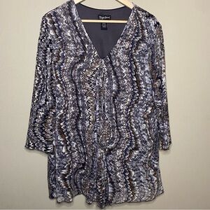 Maggie Barnes V-Neck Blouse Women 2X 22/24 Gray Brown Black Nylon Spandex Office